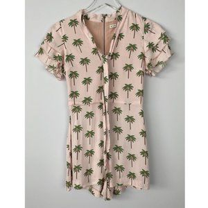 alice + olivia Macall Palm Tree Romper Neck Tie Ruffle Sleeve, Pink | Sz 2